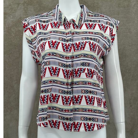 Eleven Paris Top Womens 42 White Aztec Stripe Geometric Cap Sleeves Southwestern - Picture 1 of 16